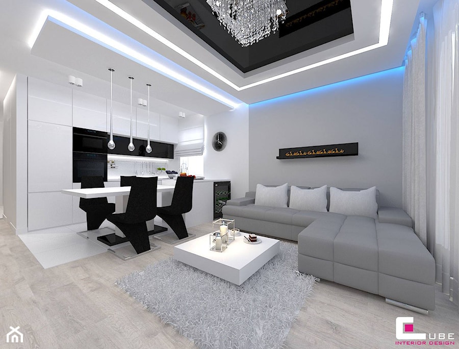 Mieszkanie w Mińsku Mazowieckim 70 m2 - Mały szary salon z kuchnią z jadalnią, styl nowoczesny - zdjęcie od CUBE Interior Design