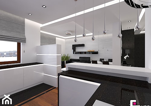 Apartament w Warszawie - Średnia otwarta biała z zabudowaną lodówką kuchnia w kształcie litery g, styl nowoczesny - zdjęcie od CUBE Interior Design