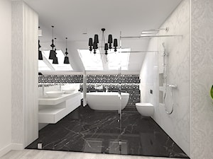 Dom w Kępie Okrzewskiej - Średnia na poddaszu z lustrem z dwoma umywalkami z marmurową podłogą łazienka z oknem, styl glamour - zdjęcie od CUBE Interior Design