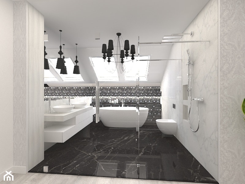 Dom w Kępie Okrzewskiej - Średnia na poddaszu z lustrem z dwoma umywalkami z marmurową podłogą łazienka z oknem, styl glamour - zdjęcie od CUBE Interior Design