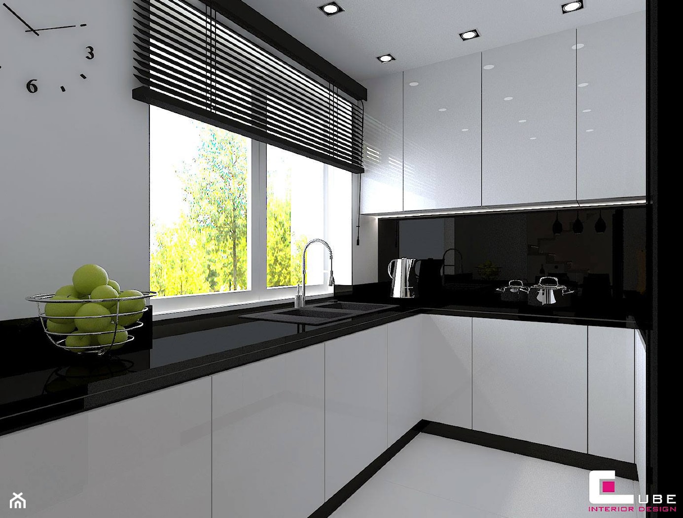 Dom w Lipkowie - Średnia biała czarna z zabudowaną lodówką z podblatowym zlewozmywakiem kuchnia w kształcie litery u, styl nowoczesny - zdjęcie od CUBE Interior Design - Homebook