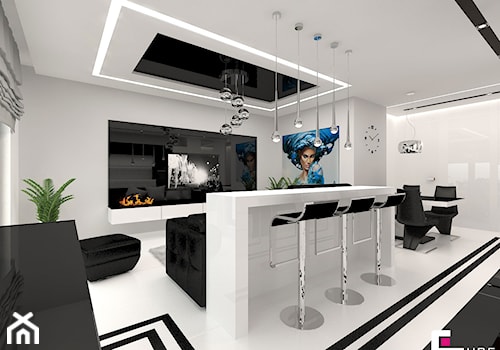 Mieszkanie 65 m2 w Warszawie - Średni biały czarny salon z jadalnią, styl nowoczesny - zdjęcie od CUBE Interior Design