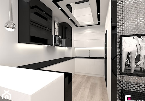 Mieszkanie w Trójmieście - Średnia otwarta z kamiennym blatem biała z zabudowaną lodówką z podblatowym zlewozmywakiem kuchnia w kształcie litery g, styl glamour - zdjęcie od CUBE Interior Design