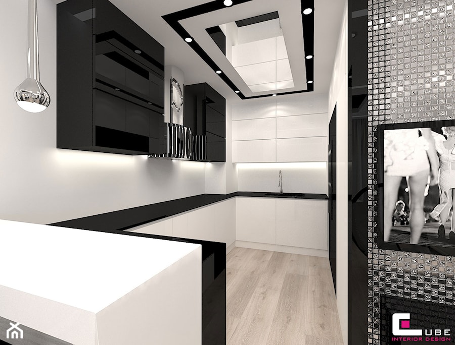 Mieszkanie w Trójmieście - Średnia otwarta z kamiennym blatem biała z zabudowaną lodówką z podblatowym zlewozmywakiem kuchnia w kształcie litery g, styl glamour - zdjęcie od CUBE Interior Design