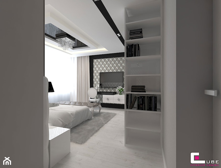 Projekt wnętrz domu - Średnia biała czarna z panelami tapicerowanymi sypialnia, styl nowoczesny - zdjęcie od CUBE Interior Design