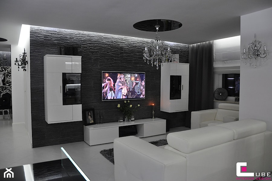Mieszkanie Białołęka, Warszawa - Średni biały czarny salon z barkiem, styl glamour - zdjęcie od CUBE Interior Design