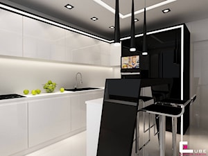 Dom na Zaciszu - Średnia otwarta biała szara z zabudowaną lodówką z nablatowym zlewozmywakiem kuchnia w kształcie litery l, styl nowoczesny - zdjęcie od CUBE Interior Design