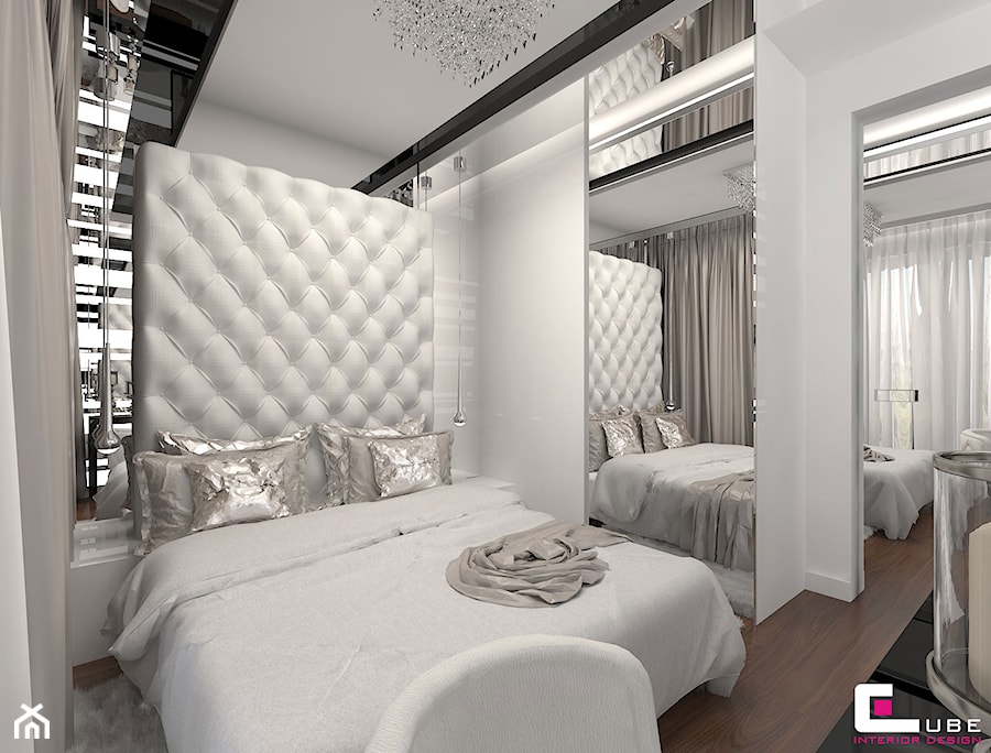Mieszkanie w Warszawie - Średnia biała z panelami tapicerowanymi sypialnia, styl glamour - zdjęcie od CUBE Interior Design