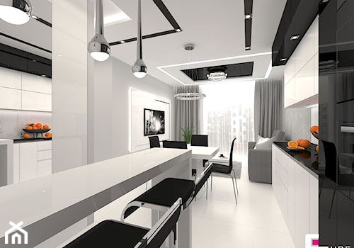 Mieszkanie w Mińsku Mazowieckim 50 m2 - Średnia otwarta z salonem z kamiennym blatem biała szara kuchnia jednorzędowa z oknem, styl nowoczesny - zdjęcie od CUBE Interior Design