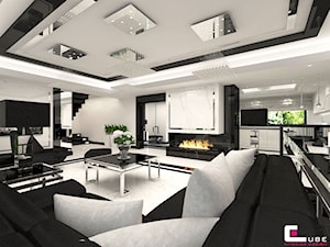 Projekt wnętrz domu w Chojnowie - Duży biały czarny salon z kuchnią z jadalnią, styl glamour - zdjęcie od CUBE Interior Design