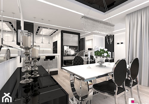 Mieszkanie w Trójmieście - Duża biała czarna jadalnia w kuchni, styl glamour - zdjęcie od CUBE Interior Design