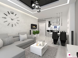 Mieszkanie 70 m2 w Warszawie - Mały szary biały salon z kuchnią z jadalnią, styl nowoczesny - zdjęcie od CUBE Interior Design