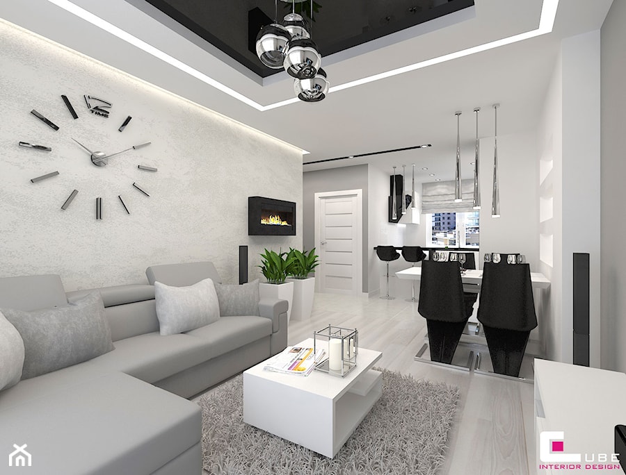 Mieszkanie 70 m2 w Warszawie - Mały biały szary salon z kuchnią z jadalnią, styl nowoczesny - zdjęcie od CUBE Interior Design