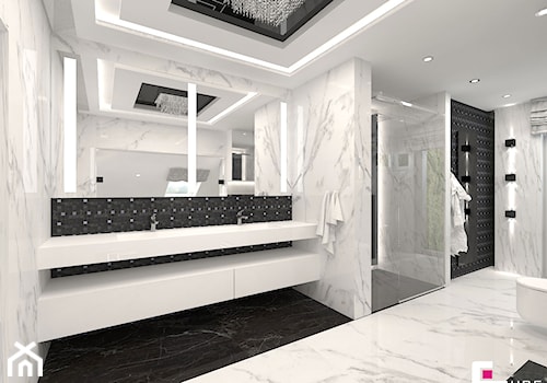 Projekt wnętrz domu w Wołominie - Duża na poddaszu z dwoma umywalkami łazienka z oknem, styl glamour - zdjęcie od CUBE Interior Design