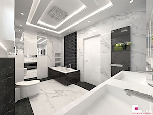 Projekt wnętrz domu w Wołominie - Średnia na poddaszu bez okna z dwoma umywalkami z punktowym oświetleniem łazienka, styl glamour - zdjęcie od CUBE Interior Design