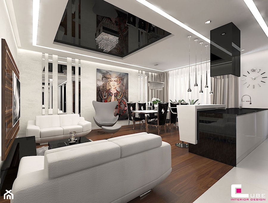 Mieszkanie w Warszawie - Średni biały salon z kuchnią z jadalnią, styl glamour - zdjęcie od CUBE Interior Design