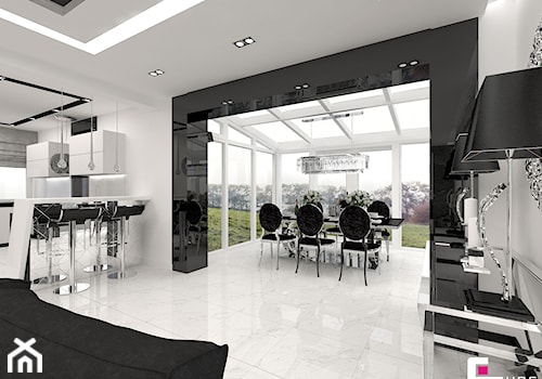 Dom w Elblągu - Duża biała czarna jadalnia jako osobne pomieszczenie, styl glamour - zdjęcie od CUBE Interior Design