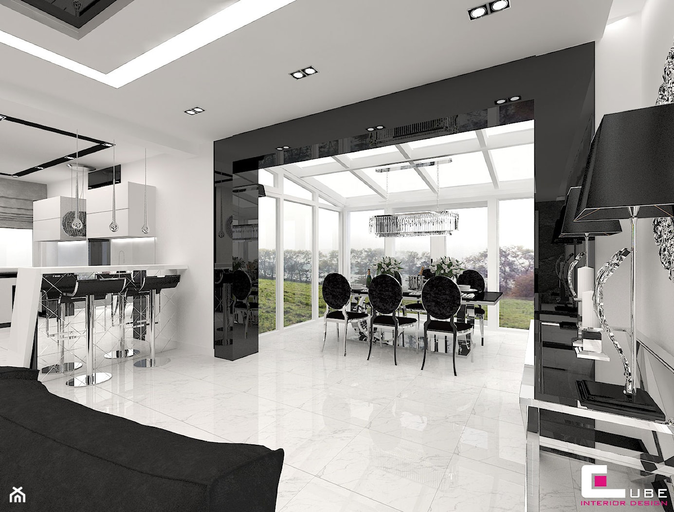 Dom w Elblągu - Duża biała czarna jadalnia jako osobne pomieszczenie, styl glamour - zdjęcie od CUBE Interior Design - Homebook