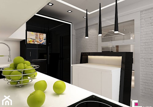 Dom na Zaciszu - Mała zamknięta biała z zabudowaną lodówką z podblatowym zlewozmywakiem kuchnia w kształcie litery u, styl nowoczesny - zdjęcie od CUBE Interior Design
