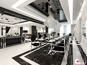 Projekt wnętrz domu w Chojnowie - Duża biała czarna jadalnia w salonie w kuchni, styl glamour - zdjęcie od CUBE Interior Design