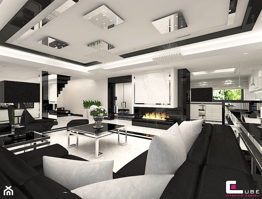 Dom w Chojnowie - Duży biały salon z kuchnią z jadalnią, styl glamour - zdjęcie od CUBE Interior Design