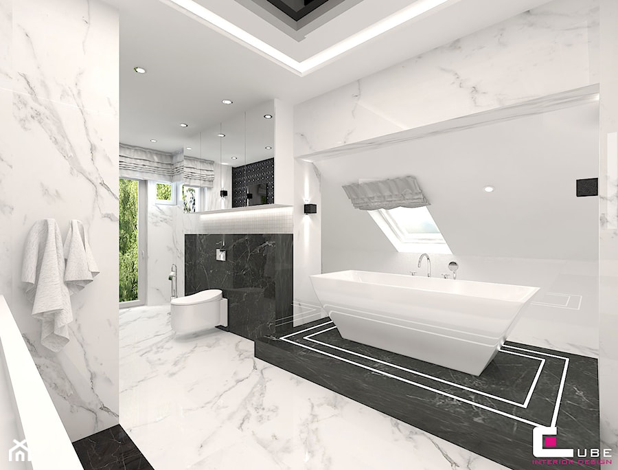 Projekt wnętrz domu w Wołominie - Duża na poddaszu z lustrem z marmurową podłogą łazienka z oknem, styl glamour - zdjęcie od CUBE Interior Design