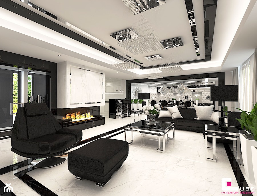 Dom w Chojnowie - Duży biały salon z jadalnią, styl glamour - zdjęcie od CUBE Interior Design