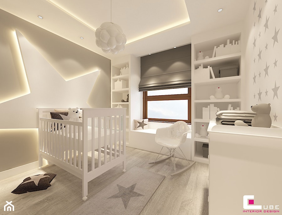 Dom na Zaciszu - Średni biały szary z panelami tapicerowanymi pokój dziecka dla niemowlaka dla chłopca dla dziewczynki, styl nowoczesny - zdjęcie od CUBE Interior Design
