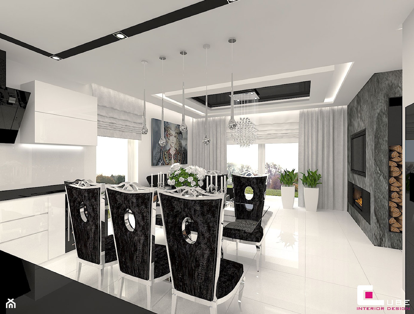 DOM POD LEGNICĄ - Duża otwarta z salonem biała z zabudowaną lodówką kuchnia w kształcie litery l z oknem, styl glamour - zdjęcie od CUBE Interior Design - Homebook