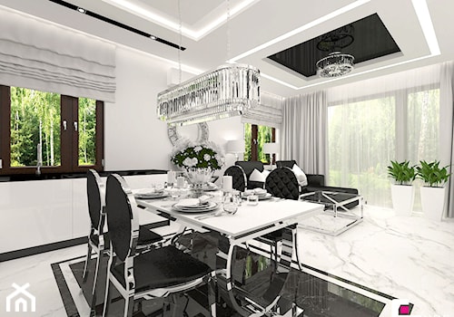 Mieszkanie pokazowe w Konstancinie-Jeziornie - Duża biała jadalnia w salonie, styl glamour - zdjęcie od CUBE Interior Design