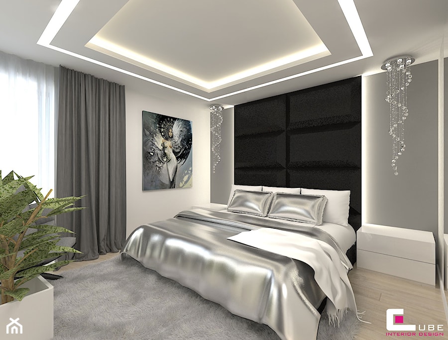 DOM W KOBYŁCE - Średnia biała czarna szara z panelami tapicerowanymi sypialnia, styl nowoczesny - zdjęcie od CUBE Interior Design