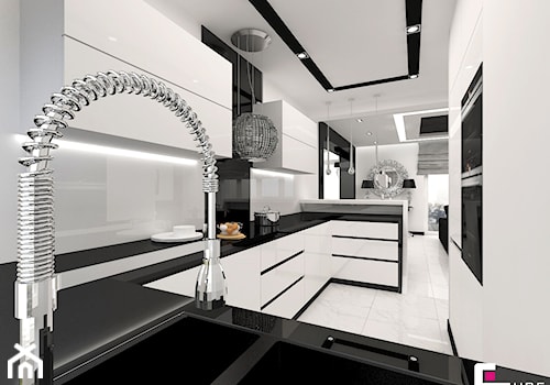 Dom w Elblągu - Średnia otwarta z kamiennym blatem biała z zabudowaną lodówką z podblatowym zlewozmywakiem kuchnia w kształcie litery g, styl glamour - zdjęcie od CUBE Interior Design