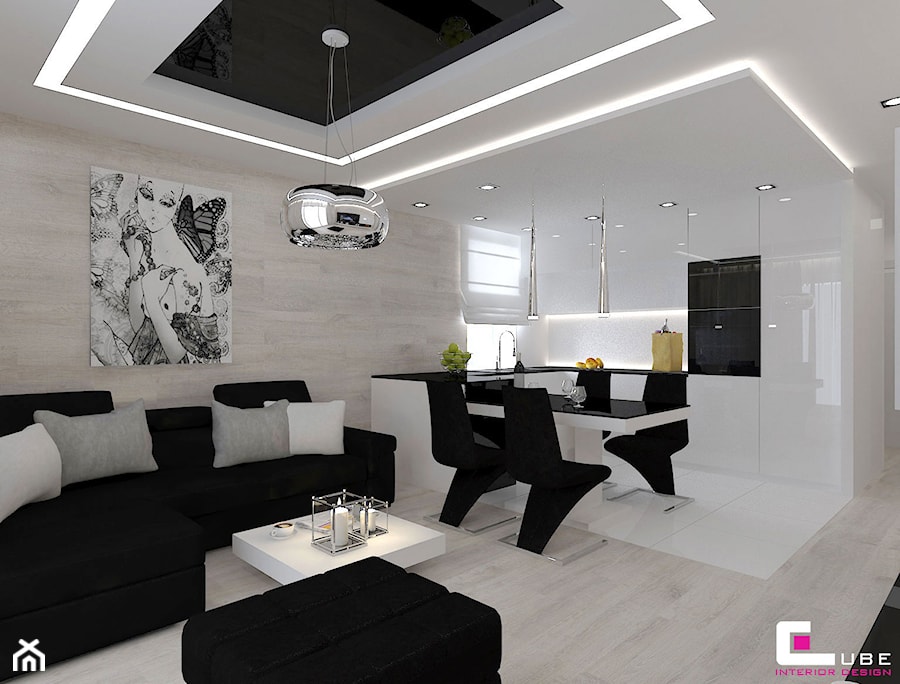 Mieszkanie 69 m2 w Siedlcach - Średnia otwarta z salonem biała z zabudowaną lodówką z nablatowym zlewozmywakiem kuchnia w kształcie litery l, styl nowoczesny - zdjęcie od CUBE Interior Design