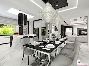 Projekt wnętrz domu w Wołominie - Średnia biała jadalnia w salonie w kuchni, styl glamour - zdjęcie od CUBE Interior Design