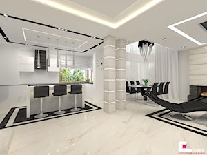 Projekt wnętrz domu - Duża otwarta z salonem biała z zabudowaną lodówką kuchnia w kształcie litery u z wyspą lub półwyspem z oknem z marmurową podłogą, styl nowoczesny - zdjęcie od CUBE Interior Design