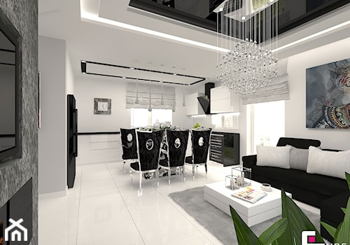 DOM POD LEGNICĄ - Duża biała jadalnia w salonie w kuchni, styl glamour - zdjęcie od CUBE Interior Design