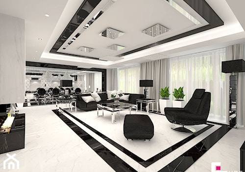 Projekt wnętrz domu w Chojnowie - Duży biały salon z jadalnią, styl glamour - zdjęcie od CUBE Interior Design
