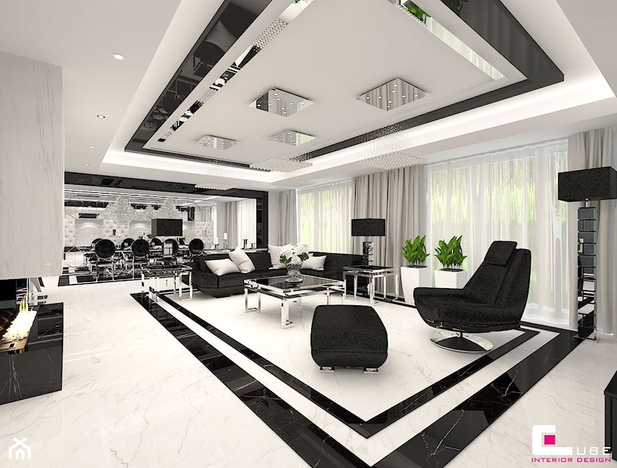 Projekt wnętrz domu w Chojnowie - Duży biały salon z jadalnią, styl glamour - zdjęcie od CUBE Interior Design