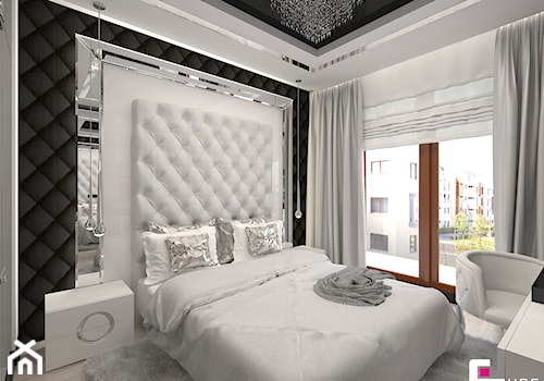 Mieszkanie w Trójmieście - Średnia biała czarna z panelami tapicerowanymi sypialnia, styl glamour - zdjęcie od CUBE Interior Design