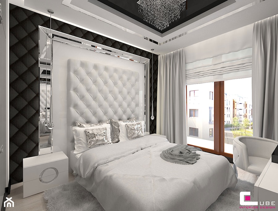 Mieszkanie w Trójmieście - Średnia biała czarna z panelami tapicerowanymi sypialnia, styl glamour - zdjęcie od CUBE Interior Design