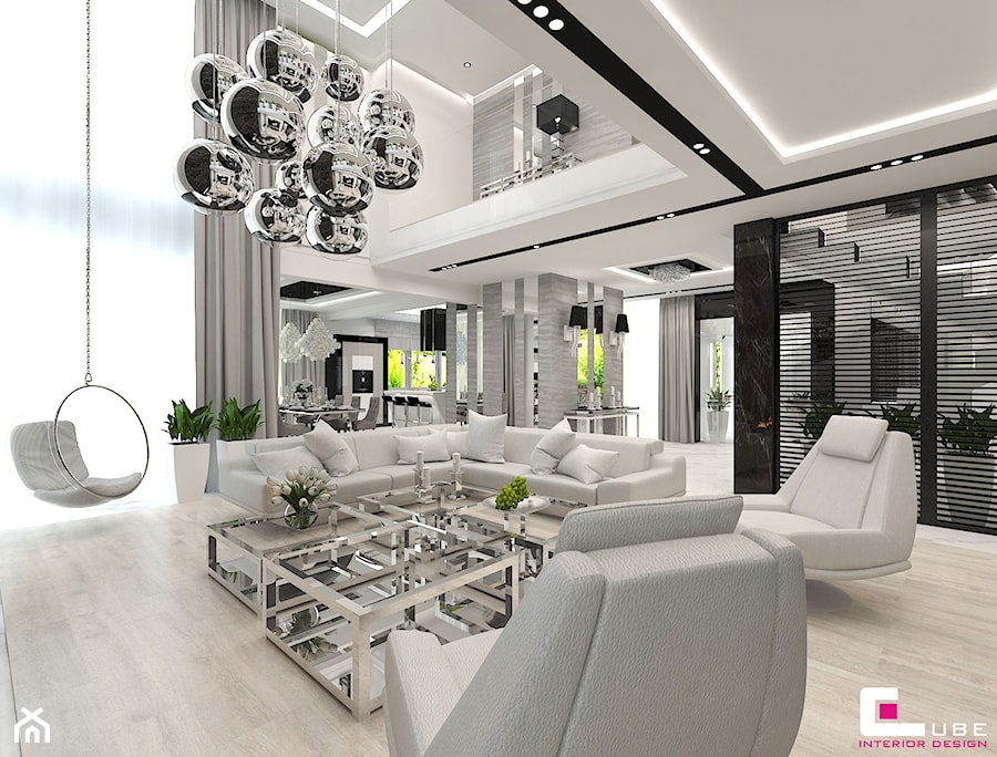 Projekt wnętrz domu w Wołominie - Duży biały salon, styl glamour - zdjęcie od CUBE Interior Design