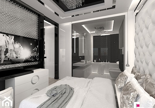 Mieszkanie w Trójmieście - Średnia biała czarna szara sypialnia z łazienką, styl glamour - zdjęcie od CUBE Interior Design