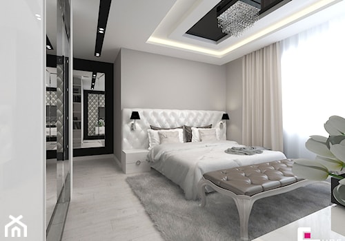 Projekt wnętrz domu - Duża biała szara sypialnia, styl nowoczesny - zdjęcie od CUBE Interior Design