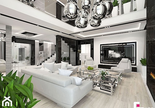 Projekt wnętrz domu w Wołominie - Duży biały czarny salon z antresolą, styl glamour - zdjęcie od CUBE Interior Design