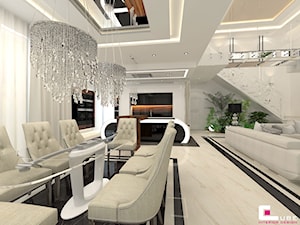 DOM Z ANTRESOLĄ - Duża biała jadalnia w salonie w kuchni, styl glamour - zdjęcie od CUBE Interior Design