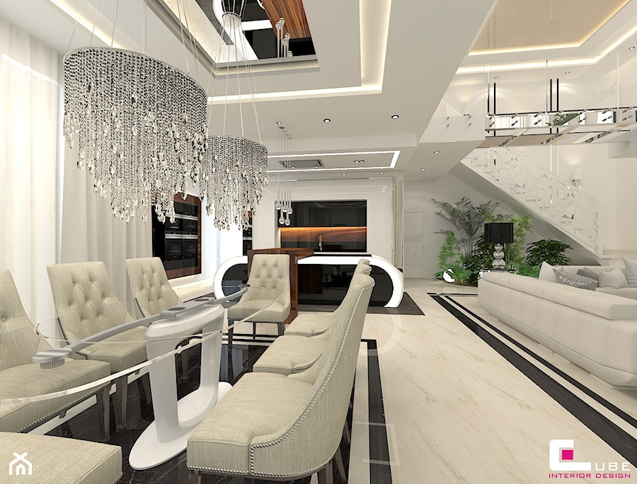 DOM Z ANTRESOLĄ - Duża biała jadalnia w salonie w kuchni, styl glamour - zdjęcie od CUBE Interior Design