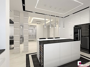 Projekt wnętrz domu - Średnia otwarta z kamiennym blatem biała kuchnia jednorzędowa z wyspą lub półwyspem, styl nowoczesny - zdjęcie od CUBE Interior Design
