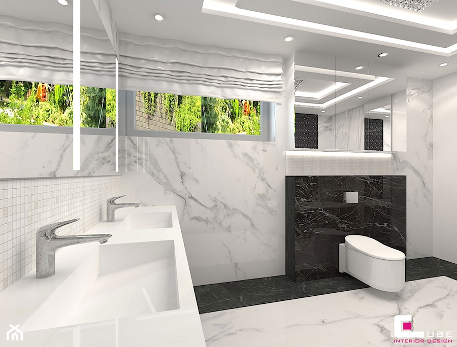 Projekt wnętrz domu w Wołominie - Średnia z lustrem z dwoma umywalkami z marmurową podłogą z punktowym oświetleniem łazienka z oknem, styl glamour - zdjęcie od CUBE Interior Design