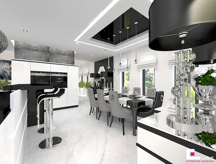 Dom w Kępie Okrzewskiej - Średnia biała czarna jadalnia w kuchni, styl glamour - zdjęcie od CUBE Interior Design