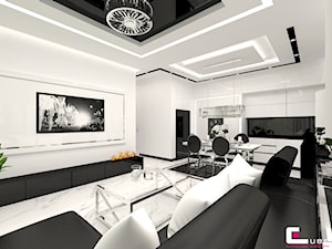 Mieszkanie pokazowe w Konstancinie-Jeziornie - Duży biały salon z kuchnią z jadalnią, styl glamour - zdjęcie od CUBE Interior Design